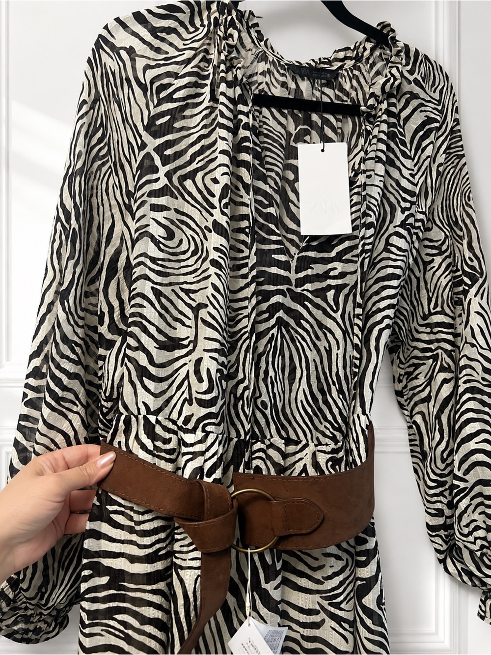 Zara Zebra Animal Print Belted Midi Dress L NWT - Picture 10 of 11